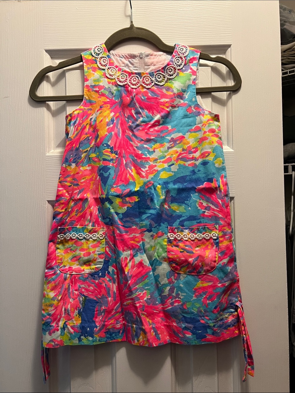 Girls' Multicolor Floral Shift Dress with Decorative Trim